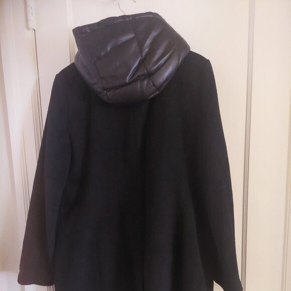 NWT DKNY Black Wool Faux Leather Hooded Bibbed Mixed-Media Blazer Coat XL - Picture 4 of 8